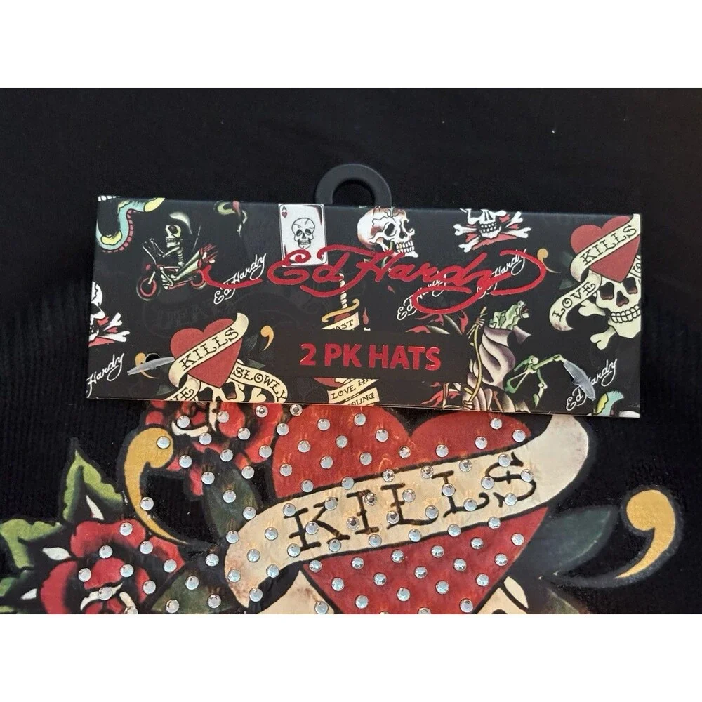 Ed Hardy Logo Designer 2 Pack Beanie Hat Skull Love Kills Tiger Black Grey Y2K
